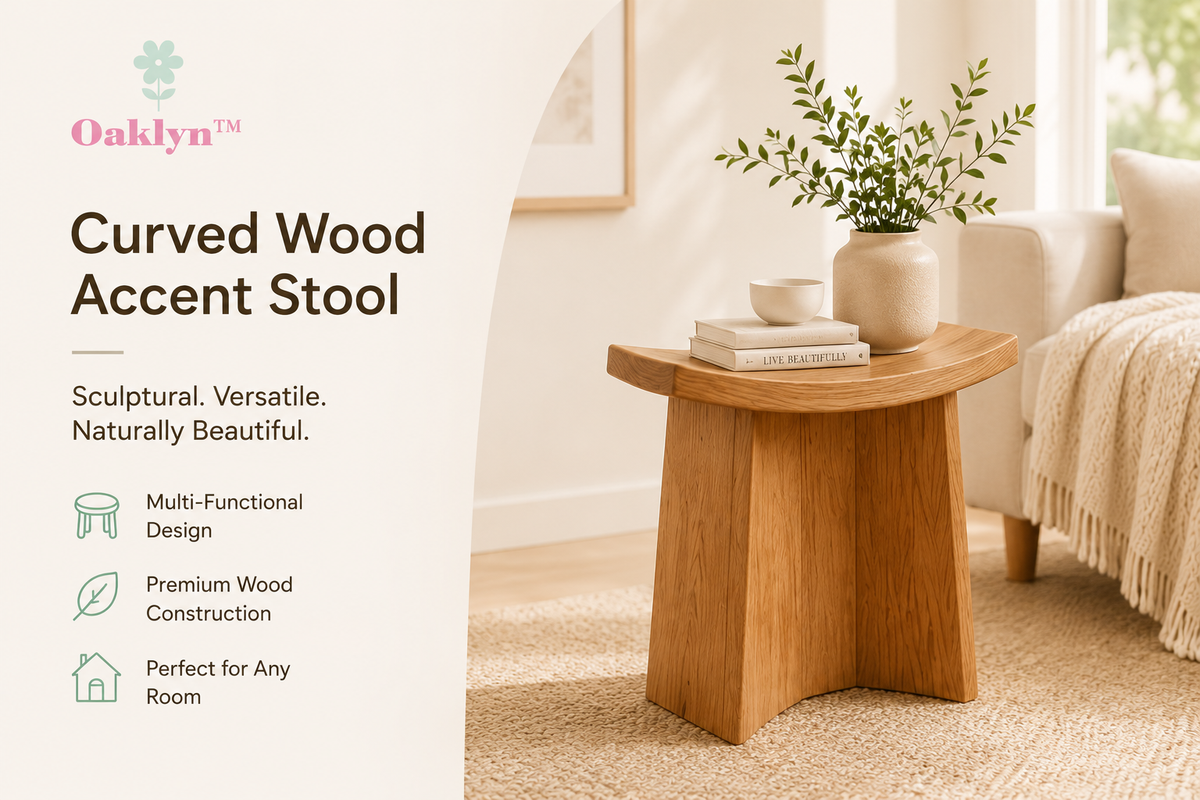 πΆπ¨π²π³ππ΅β’ Curved Wood Accent Stool | Minimal Plant Stand, Bedside Table & Decorative Display Seat
