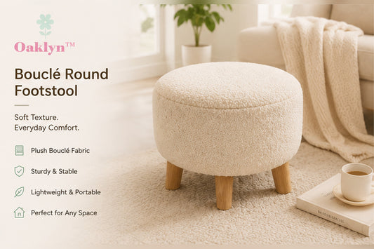 𝑶𝑨𝑲𝑳𝒀𝑵™ Bouclé Round Footstool | Compact Upholstered Ottoman and Modern Vanity Seat