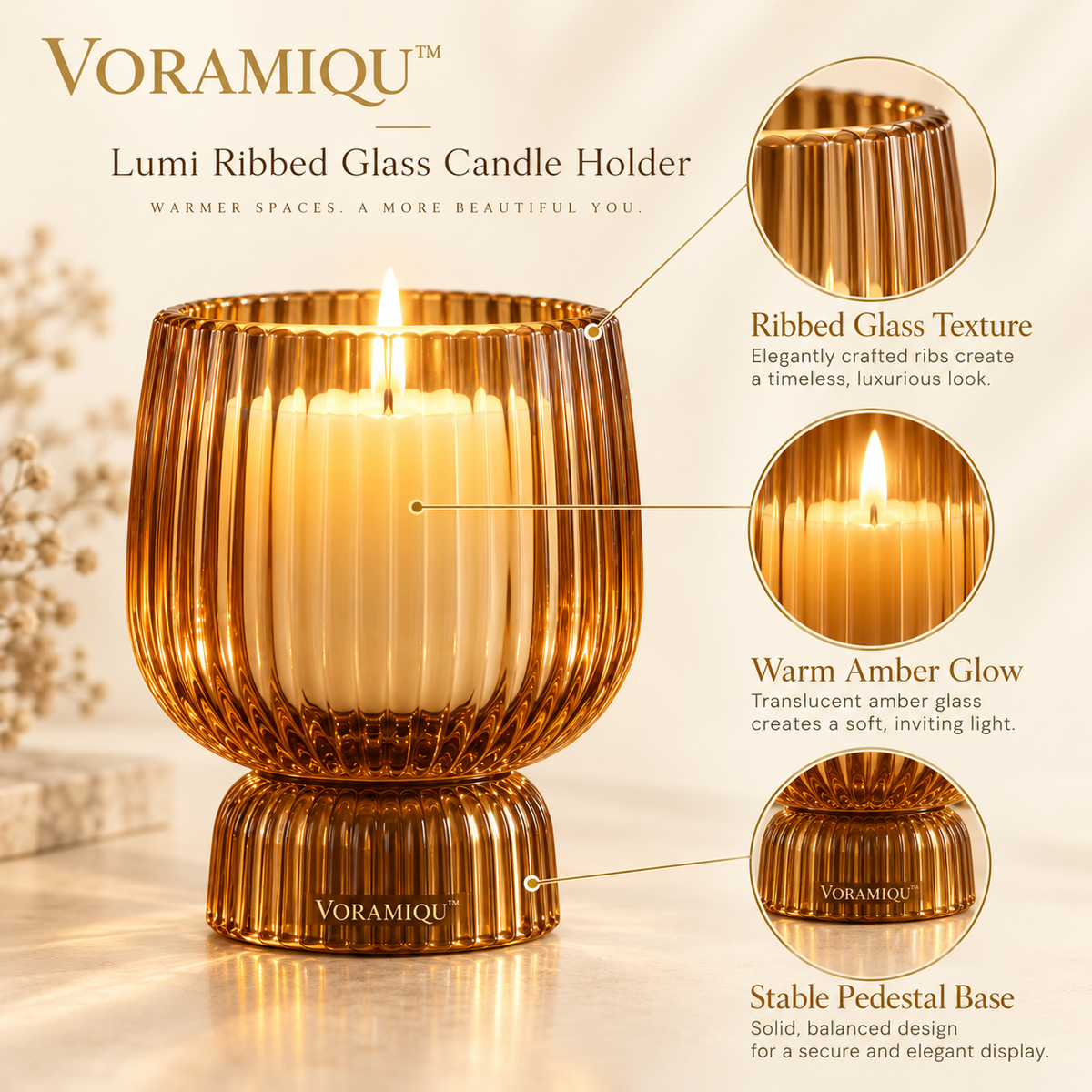 VORAMIQU™ Lumi Ribbed Glass Candle Holder