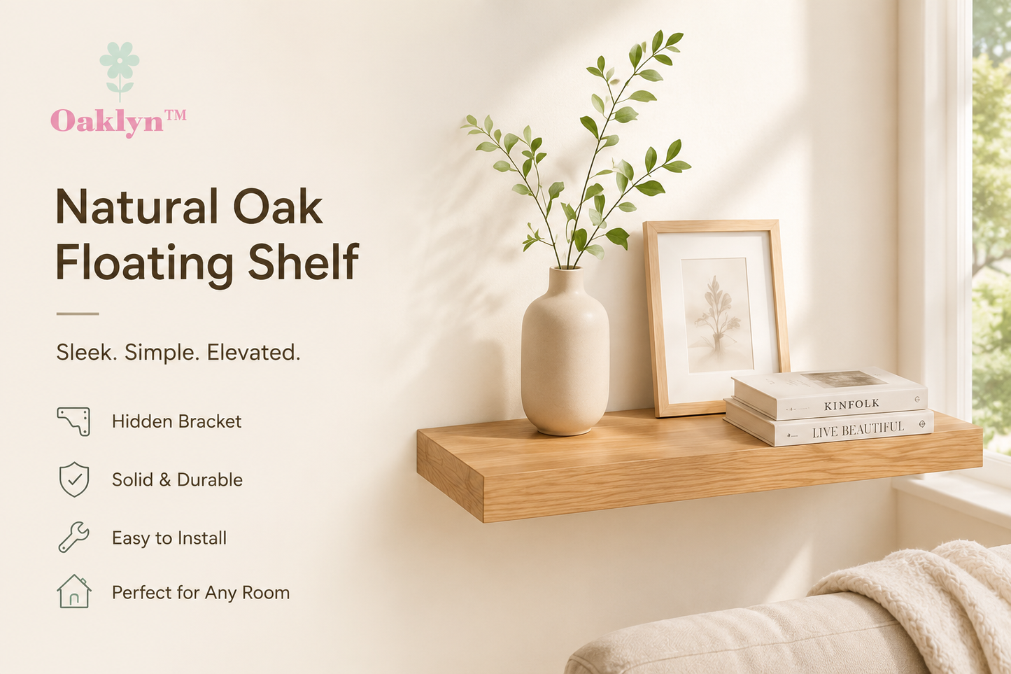𝑶𝑨𝑲𝑳𝒀𝑵™ Natural Oak Floating Wall Shelf | Minimal Hidden-Bracket Display and Storage Shelf